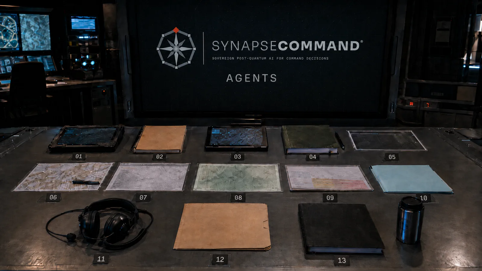 Command centre briefing table with numbered agent dossiers laid out beneath a SynapseCommand Agents display screen