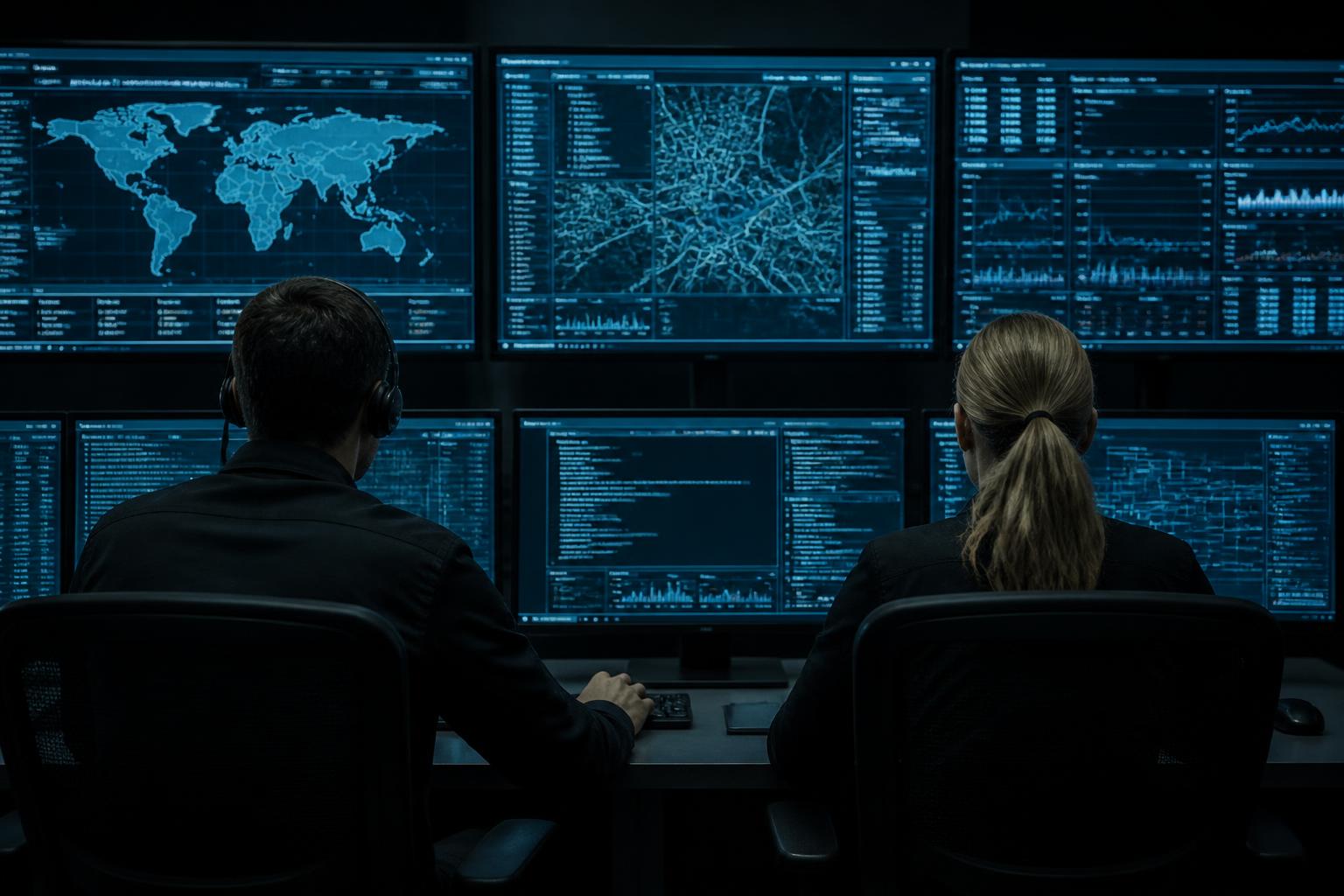 Operators at multi-screen command consoles reviewing fused situational data