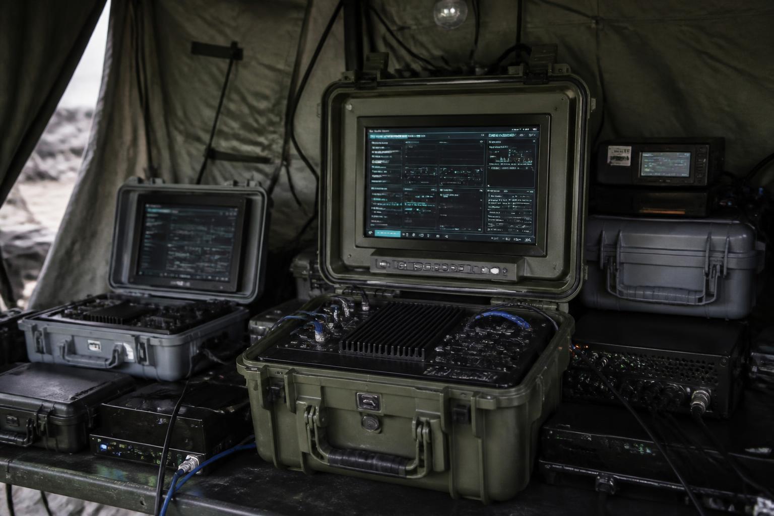 Ruggedised tactical edge compute cases deployed in a field shelter